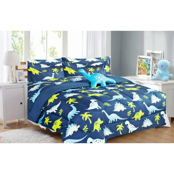 Bedding set full size 8pc big dinosaur complete bed in bag comforter with plushie toy friend and matching sheet set for kids bedroom décor for girls boys
