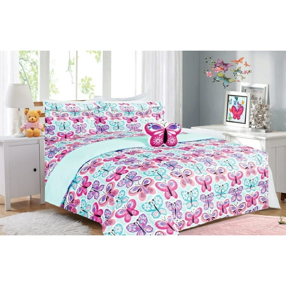 Bedding set full size 8pc butterfly turquoise complete bed in bag comforter with plushie toy friend and matching sheet set for kids bedroom décor for girls boys