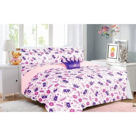 Bedding set full size 8pc crown purple complete bed in bag comforter with plushie toy friend and matching sheet set for kids bedroom décor for girls boys