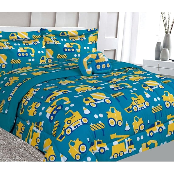 Bedding set full size 8pc Excavator complete bed in bag comforter with plushie toy friend and matching sheet set for kids bedroom décor for girls boys