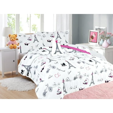 Bedding set full size 8pc paris eiffel tower complete bed in bag comforter with plushie toy friend and matching sheet set for kids bedroom décor for girls boys