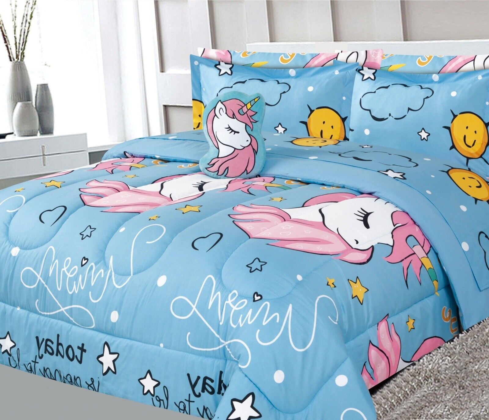 Bedding set full size 8pc unicorn #4 sky blue complete bed in bag