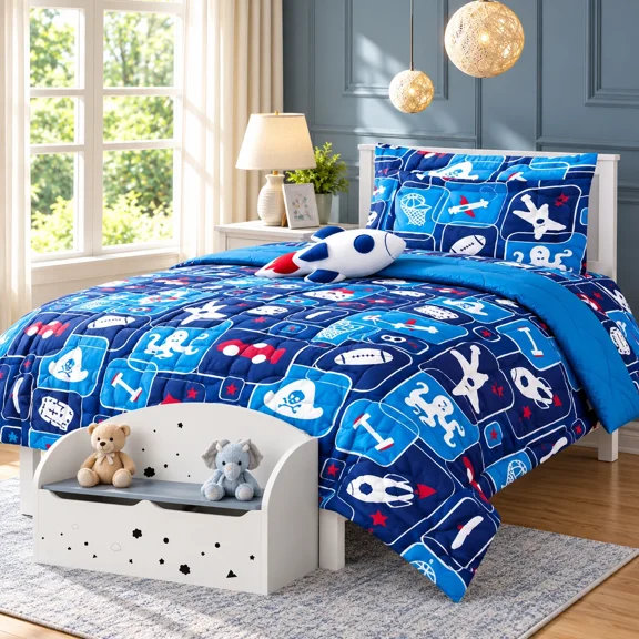 Gorgeous Home Linen Bedding Set Twin 6pc Baseball Varsity Sport Complete Bed in Bag Comforter with Plushie Toy Friend and Matching Sheet Set Bedroom Decor.