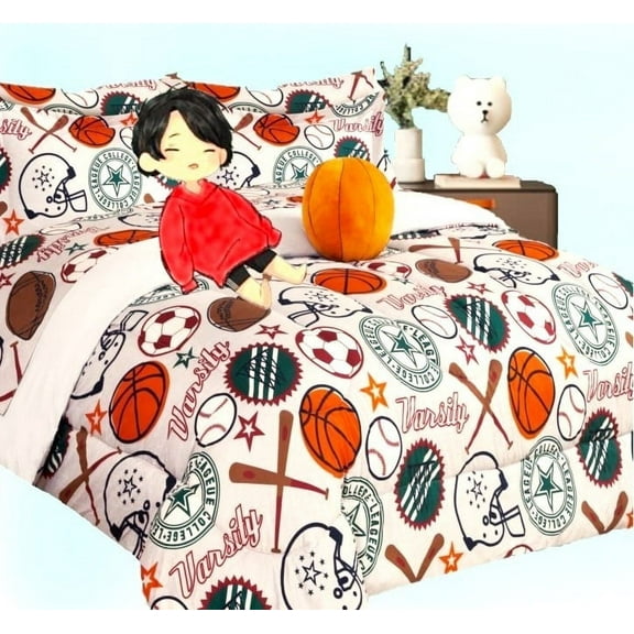 Bedding Set Twin 6pc Baseball Varsity Sport Complete Bed in Bag Comforter with Plushie Toy Friend and Matching Sheet Set Bedroom Decor.