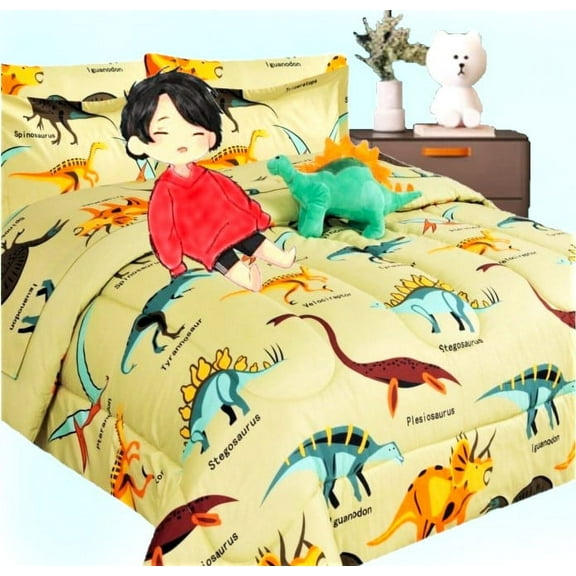 Bedding set twin 6pc dinosaur taupe complete bed in bag comforter with plushie toy friend and matching sheet set for kids bedroom décor