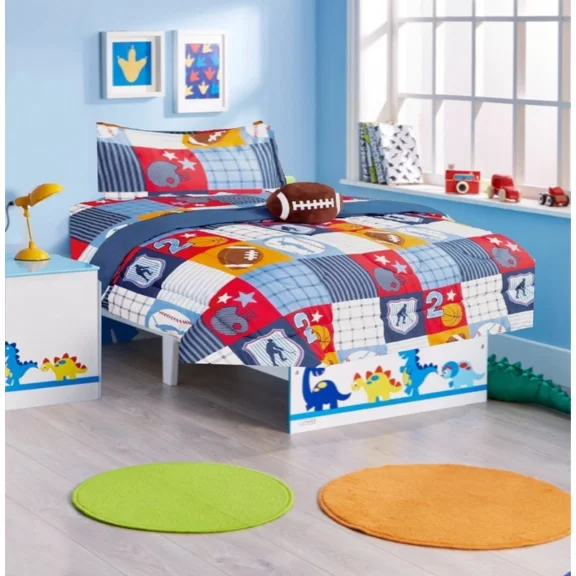 Bedding Set Twin 6pc Patchwork Sports Football Complete Bed in Bag Comforter with Plushie Toy Friend Matching Sheet Set.