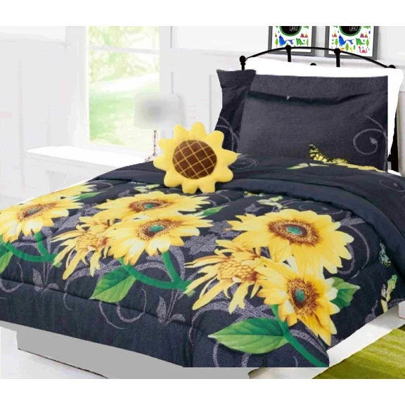 Black Sunflower 6-Piece Reversible Supersoft Comforter Print Design Twin Size Bedding Set