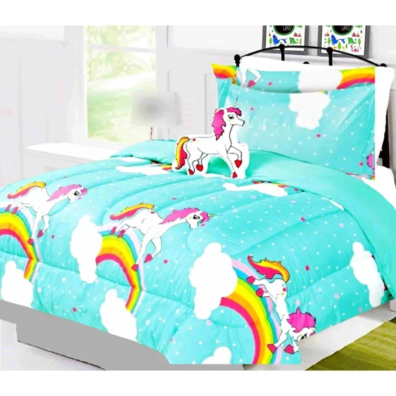 Unicorn Blue Mint 6-Piece Reversible Supersoft Comforter Print Design Twin Size Bedding Set