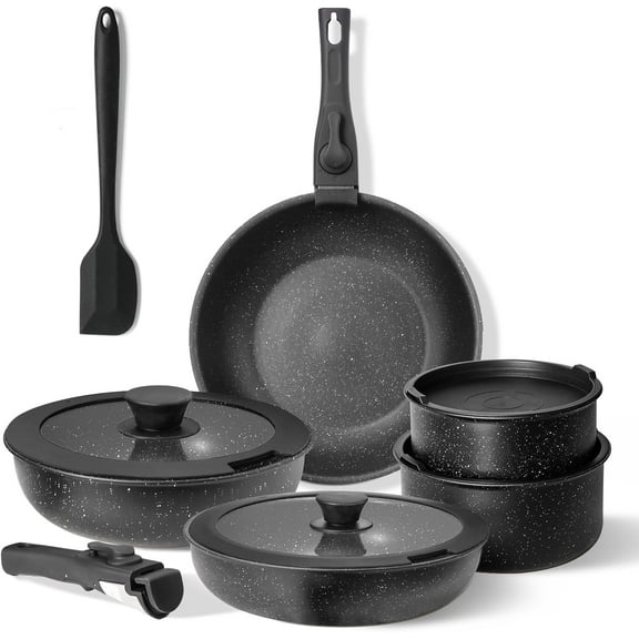 Beddle 12-Piece Pots and Pans Set Non Stick, Cookware Set with Detachable Handle, Oven Safe, Induction Ready, Stackable RV Kitchen Cooking Set, Black