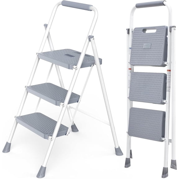 Beddle 3 Step Ladder, Portable Folding Step Stool Heavy Duty, Anti-Slip, Lightweight, Gray