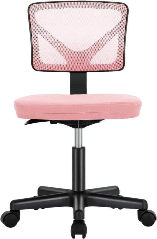 Beddle Armless Office Chairwith Lumbar Support, Low-Back Ergonomic Swivel Mesh Desk Chair, Comfortable Seat for Home Office or Study, Pink