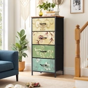 Beddle Dresser, 4-Drawer Fabric Storage Tower with Decorative Patterned Drawers, Tall Organizer Unit for Bedroom, Living Room or Hallway