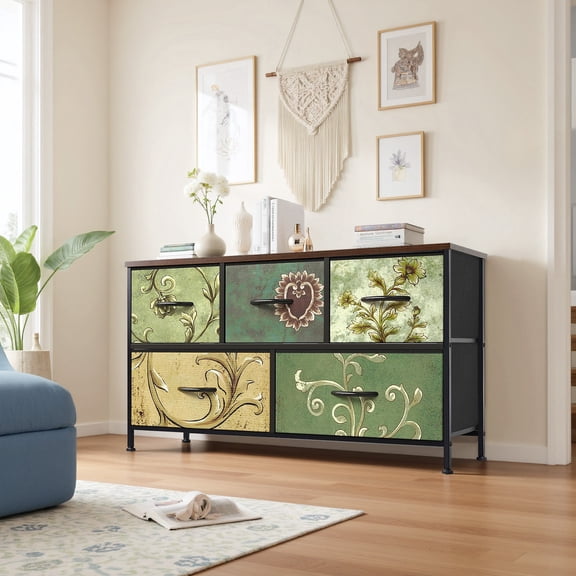 Beddle Dresser, 5-Drawer Fabric Storage Tower with Decorative Patterned Drawers, Tall Organizer Unit for Bedroom, Living Room or Hallway