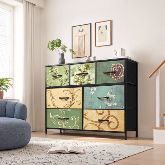 Beddle Dresser, 7-Drawer Fabric Storage Tower with Decorative Patterned Drawers, Tall Organizer Unit for Bedroom, Living Room or Hallway