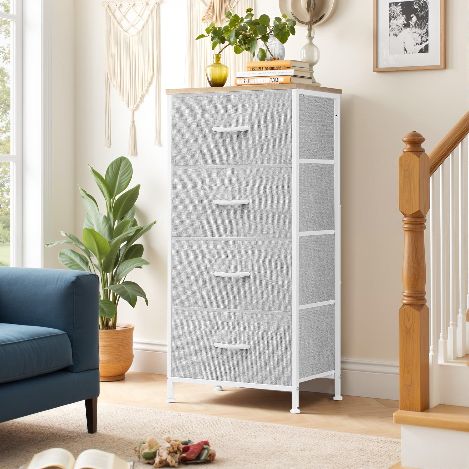 Beddle Dresser with 4 Fabric Drawers for Bedroom, Wide Storage Chest with Drawer Organizer for Closet or Living Room, Light Gray