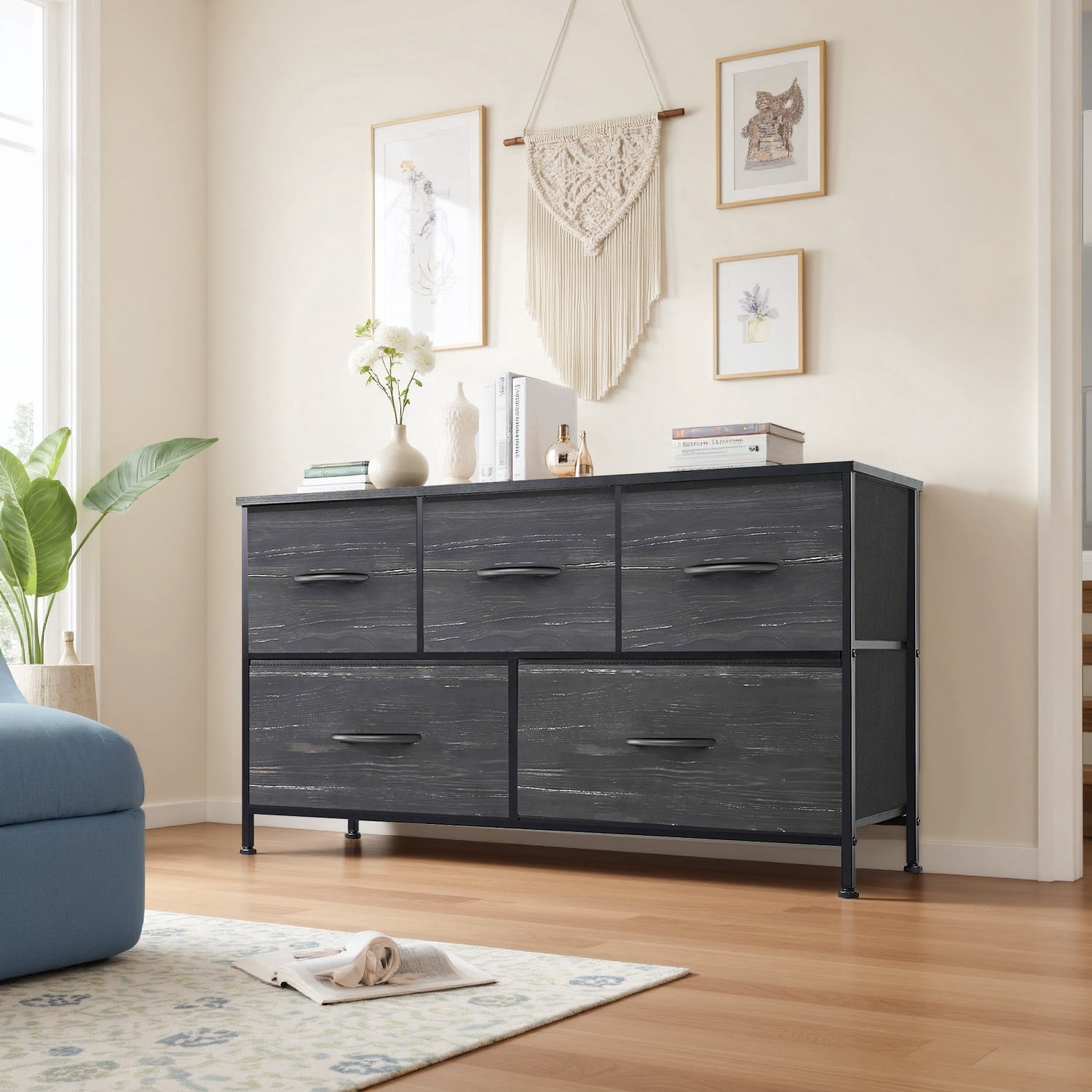 Beddle Dresser with 5 Fabric Drawers for Bedroom, Wide Storage Chest with Drawer Organizer for Closet or Living Room, Black
