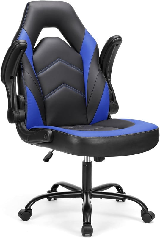Beddle Gaming Office Chair, Ergonomic PU Leather High Back Swivel Computer Desk Chair with Flip-up Arms, Lumbar Support, Black Blue