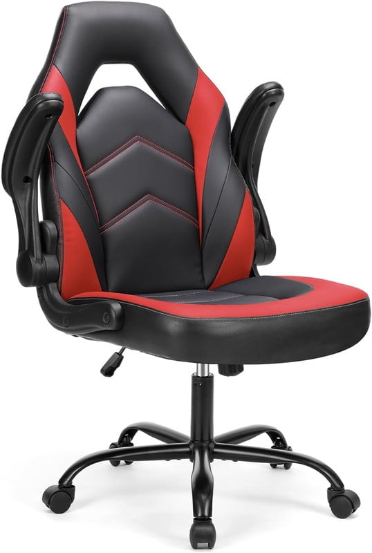 Beddle Gaming Office Chair, Ergonomic PU Leather High Back Swivel Computer Desk Chair with Flip-up Arms, Lumbar Support, Black Red