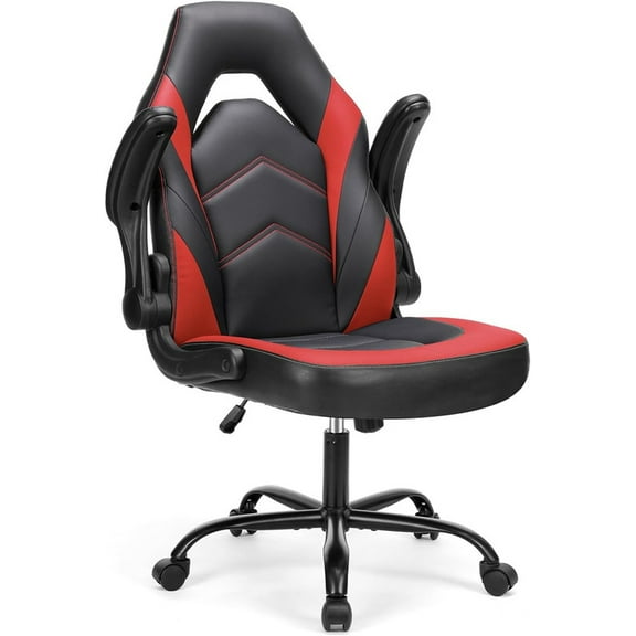 Beddle Gaming Office Chair, Ergonomic PU Leather High Back Swivel Computer Desk Chair with Flip-up Arms, Lumbar Support, Black Red