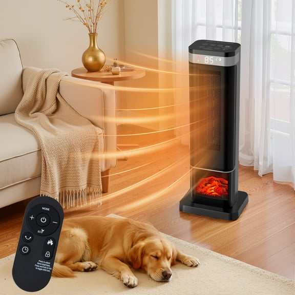 Beddle Indoor Space Heater with Remote & Thermostat, 23 inch Portable Heater with 3 Light Modes, 60° Oscillation, 12H Timer, Up to 99°F, Tip-Over Protection, Black
