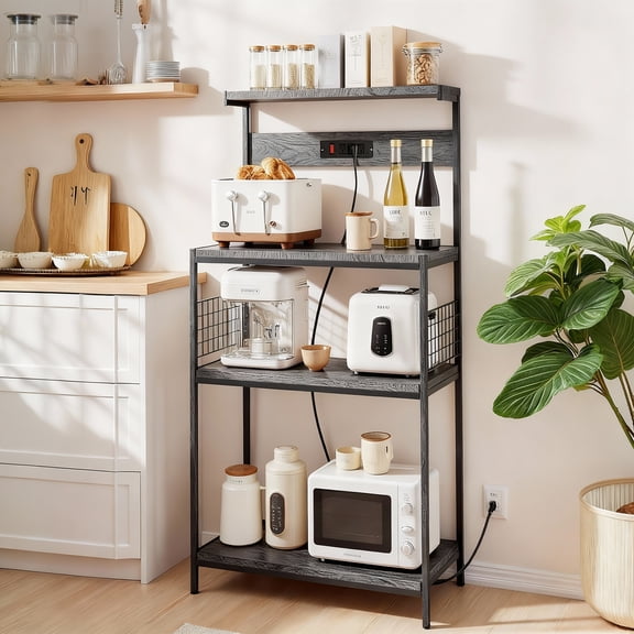 Beddle Kitchen Baker's Rack with Power Outlet, 23" Industrial 4-Tier Storage Shelf, Metal Frame with Gray Wood Shelves
