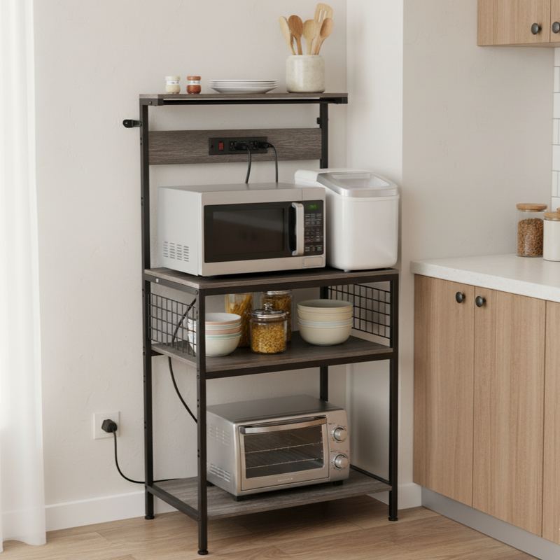 Beddle Kitchen Baker's Rack with Power Outlet, 23" Industrial 4-Tier Storage Shelf, Metal Frame with Gray Wood Shelves