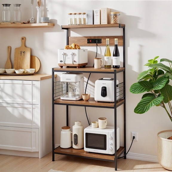 Beddle Kitchen Baker's Rack with Power Outlet, 23" Industrial 4-Tier Storage Shelf, Metal Frame with Rustic Wood Shelves