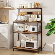 Beddle Kitchen Bakers Rack with Power Outlet, 31 Industrial 4-Tier Storage Shelf, Metal Frame with Rustic Wood Shelves