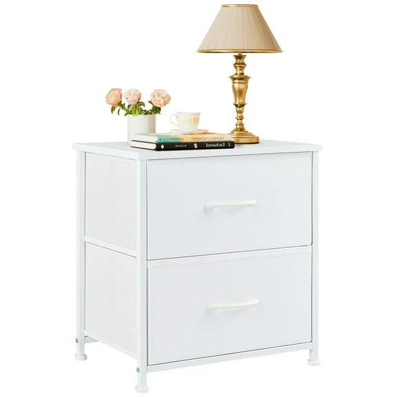 Beddle Nightstand, End Table Side Table with 2 Fabric Drawers Bedside Table for Bedroom, Dorm,White