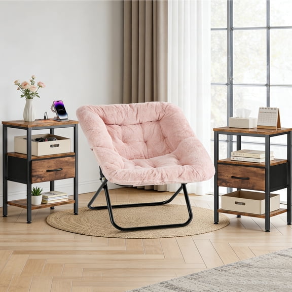 Beddle Nightstand with Charging Station, LED Bedside Table with 1 Fabric Drawer, 3-Tier End Table for Bedroom, Living Room, 2 Pack Rust