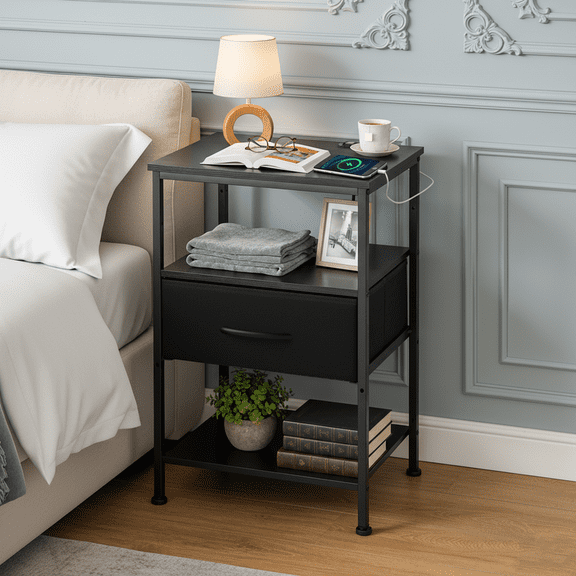 Beddle Nightstand with Charging Station, LED Bedside Table with 1 Fabric Drawer, 3-Tier End Table for Bedroom, Living Room, Black