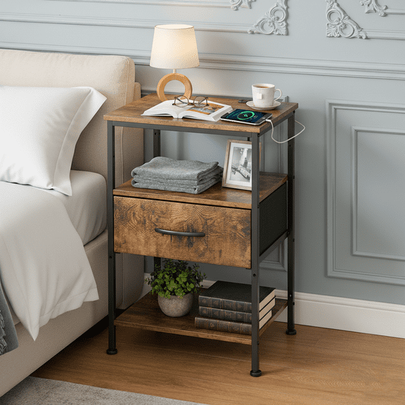 Beddle Nightstand with Charging Station, LED Bedside Table with 1 Fabric Drawer, 3-Tier End Table for Bedroom, Living Room, Rust