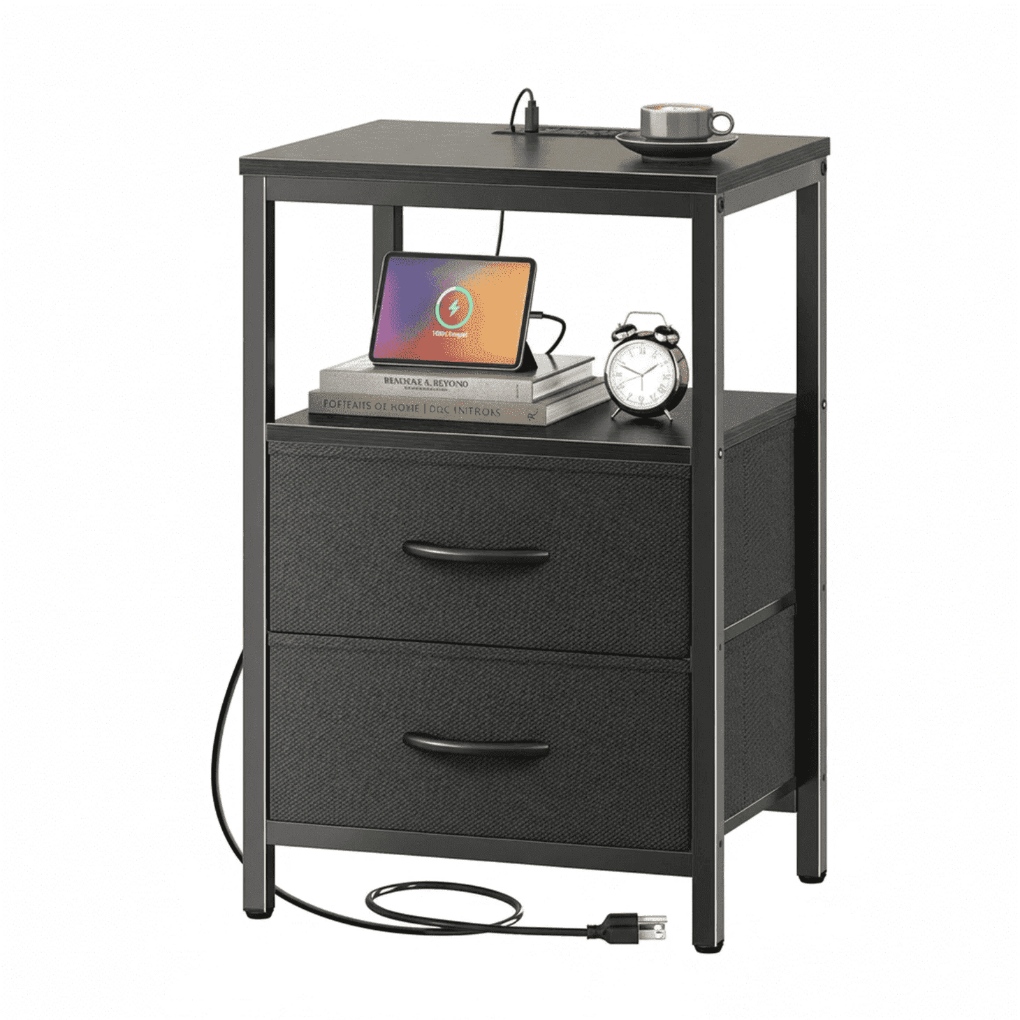 Beddle Nightstand with Charging Station, LED Bedside Table with 2 Fabric Drawer, 2-Tier End Table for Bedroom, Living Room, Black