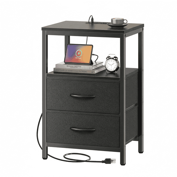 Beddle Nightstand with Charging Station, LED Bedside Table with 2 Fabric Drawer, 2-Tier End Table for Bedroom, Living Room, Black
