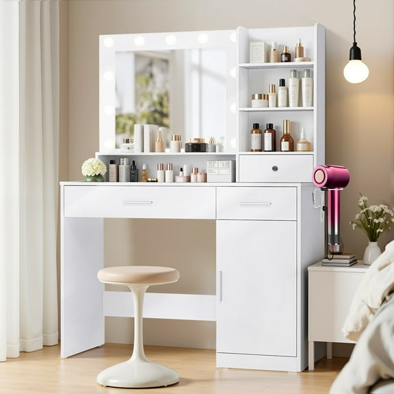 Beddle Vanity Desk with Mirror and Lights, Makeup Vanity Table for Bedroom with Storage Cabinet,3-Color LED Lighting,White