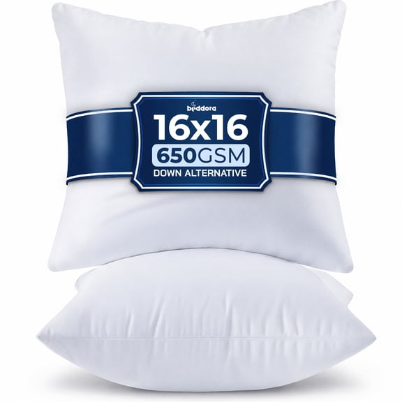 Beddora Throw Pillow Inserts 16X16 inch, Pack of 2 Decorative Pillows for Couch, Sofa, Bed, White Square Inserts