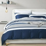 Bedduvit 100% Cotton King Size Duvet Cover Set, Navy Blue/White Striped King Comforter Cover with Zipper Closure & 8 Ties, Soft Classic Simple 400TC 3-Piece Pattern Duvet Cover for Fall/Winter-90x104