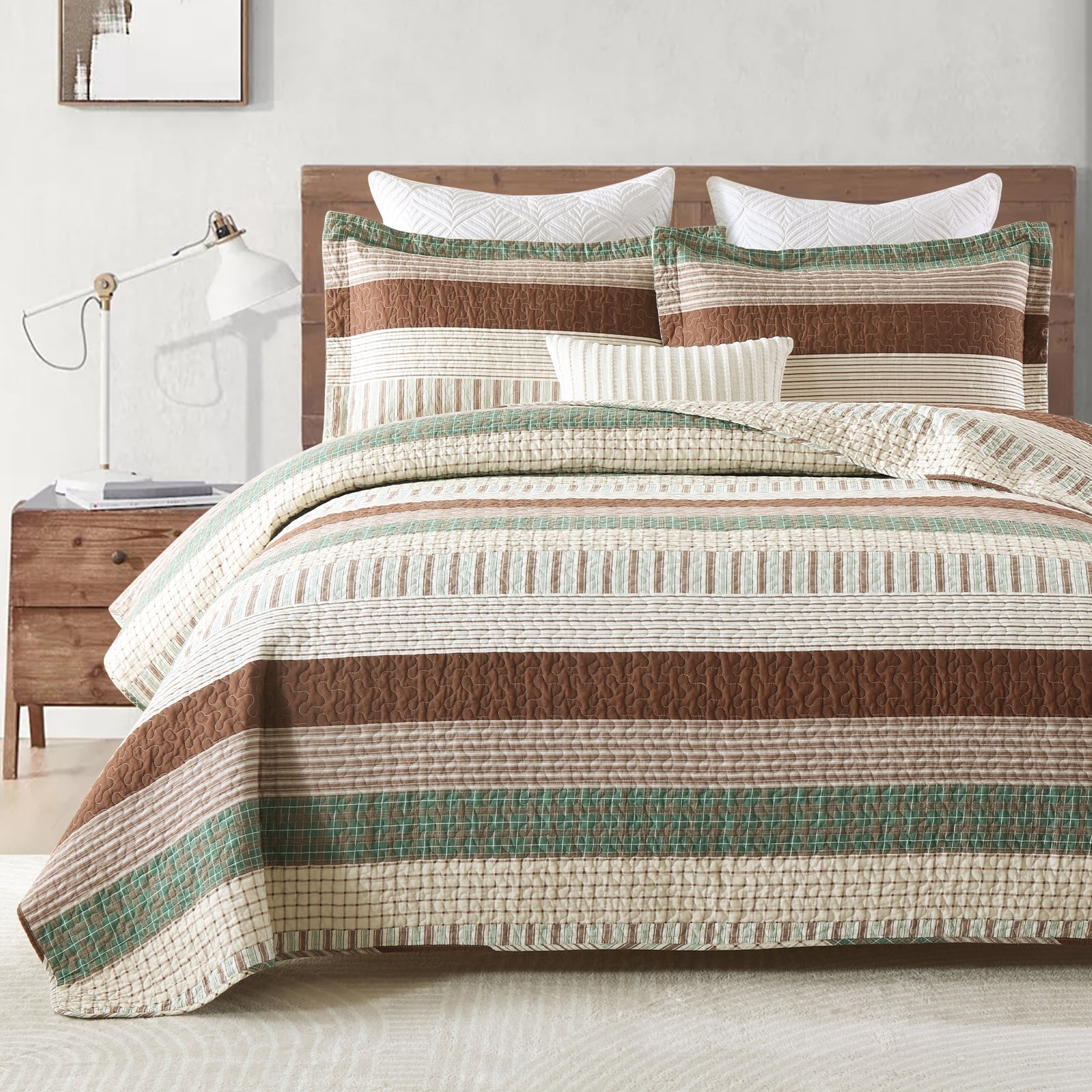 Bedduvit 100% Cotton King Size Quilt Set, Beige Brown Green Striped Lightweight King Quilt Bedspreads for Bed, Farmhouse Breathable King Quilt Coverlet/Bedding Set for All Season, 3-Piece (98"x106")