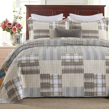 Bedduvit 100% Cotton King Size Quilt Set - Brown Farmhouse Patchwork Plaid Bedspread Cotton Quilt for King Beds in Tan, Lightweight Warm Spring/Summer Comforter Set for All Season, 3-Piece (98"x106")