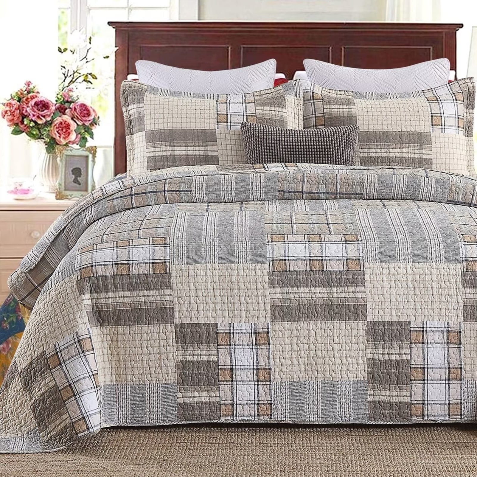 Bedduvit 100% Cotton King Size Quilt Set - Brown Farmhouse Patchwork Plaid Bedspread Cotton Quilt for King Beds in Tan, Lightweight Warm Spring/Summer Comforter Set for All Season, 3-Piece (98"x106")