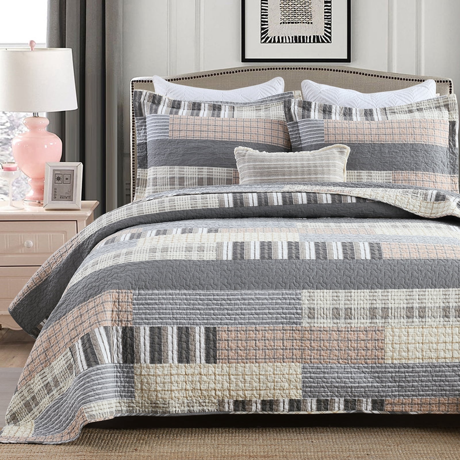 Bedduvit 100% Cotton King Size Quilt Set - Farmhouse Grey Brown Beige Quilt King Size Bedspread, Patchwork Striped Plaid Soft Lightweight Reversible Coverlet Bedding Set with 2 Shams for All Season