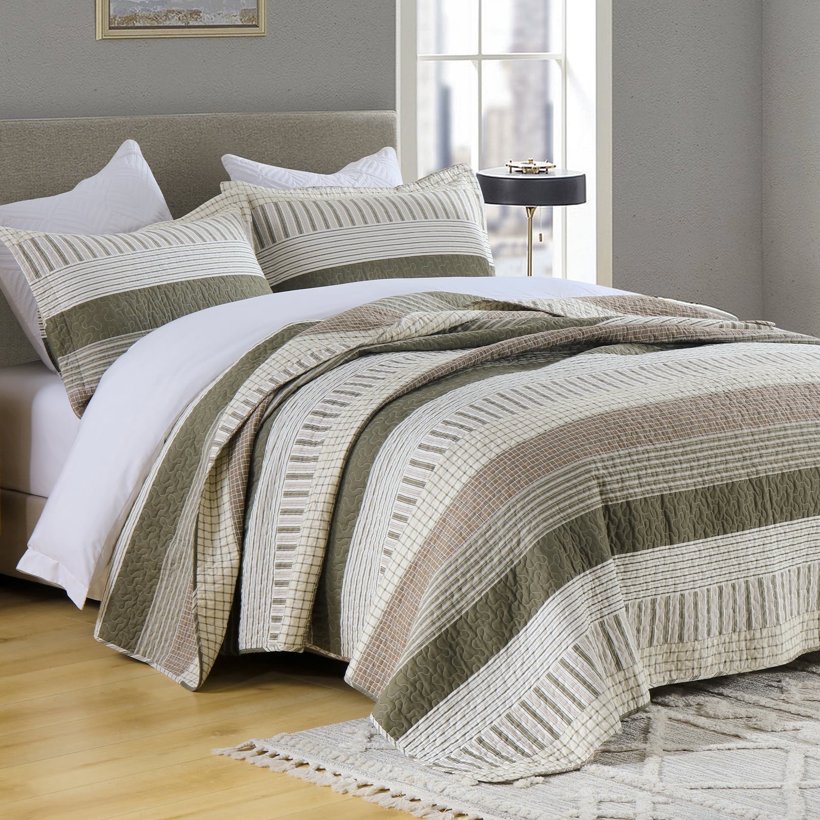 Bedduvit 100% Cotton King Size Quilt Set, Green Beige Brown Striped Lightweight King Quilt Bedspreads for Bed, Farmhouse Breathable King Quilt Coverlet/Bedding Set for All Season, 3-Piece (98"x106")
