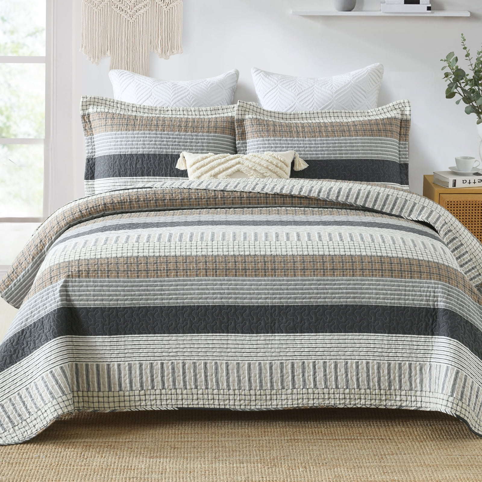 "Bedduvit 100 Cotton Striped Quilt Set, 3Piece King Size, SeasonReady, Lightweight and