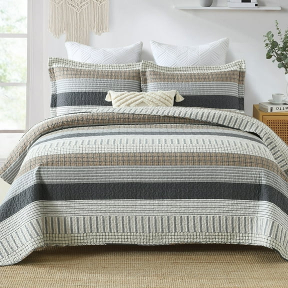 Bedduvit 100% Cotton King Size Quilt Set, Light Gray Brown Black Striped Lightweight King Quilt Bedspread, Farmhouse Breathable King Quilt Coverlet/Bedding Set for All Season, 3-Piece Gray, 98"x106"