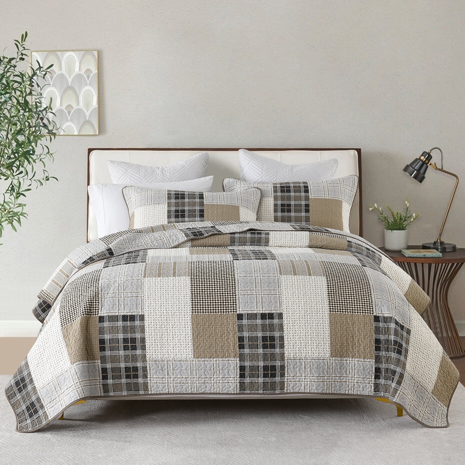 Bedduvit 100% Cotton Plaid Quilt Queen Size - Brown Beige Gray Plaid Quilt Bedspreads for Queen Bed, Lightweight All Season Reversible Quilts, 3-Piece Coverlet/Bedding Set with 2 Pillow Shams