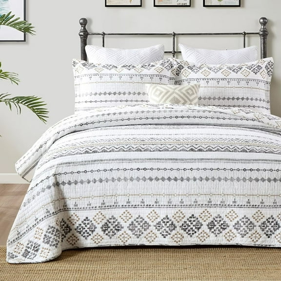 Bedduvit 100% Cotton Queen Size Quilt Set - Bohemian White & Charcoal Geometric Striped Queen Size Quilt Bedspread, Boho Lightweight Breathable Coverlet/Bedding Set for All Season, 3-Piece(98"x90")