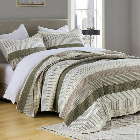 Bedduvit 100% Cotton Queen Size Quilt Set, Green Beige Brown Striped Lightweight Queen Quilt Bedspread for Bed, Farmhouse Breathable Queen Quilt Coverlet/Bedding Set for All Season, 3-Piece (98"x90")
