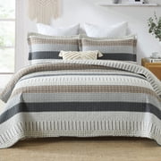 Bedduvit 100% Cotton Queen Size Quilt Set, Light Gray Brown Black Striped Lightweight Fall Queen Quilt Bedspread, Modern Breathable Comforter Bedding Set for All Season, 3-Piece Grey, 98"x90"