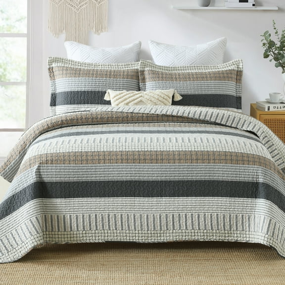 Bedduvit 100% Cotton Queen Size Quilt Set, Light Gray Brown Black Striped Lightweight Fall Queen Quilt Bedspread, Modern Breathable Comforter Bedding Set for All Season, 3-Piece (Grey, 98"x90")