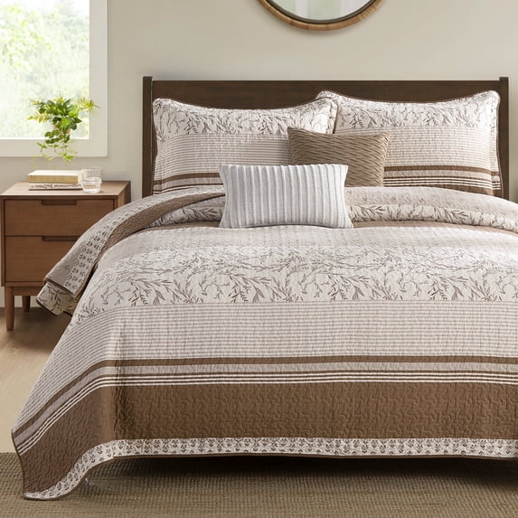 Bedduvit 100% Cotton Quilts, Bedspreads for King Size Beds - Summer Lightweight Floral Striped Quilted Bedspreads, Brown Framhouse Botanical Reversible Bedding Sets, Vintage Decor Coverlet, 98x106